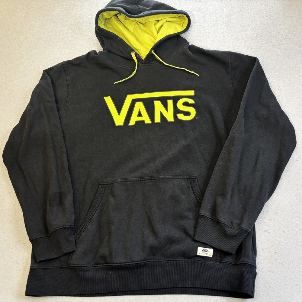 Vans Hoodie Mens XXL Black Neon Yellow Logo Pullover Sweatshirt Skater Graphic